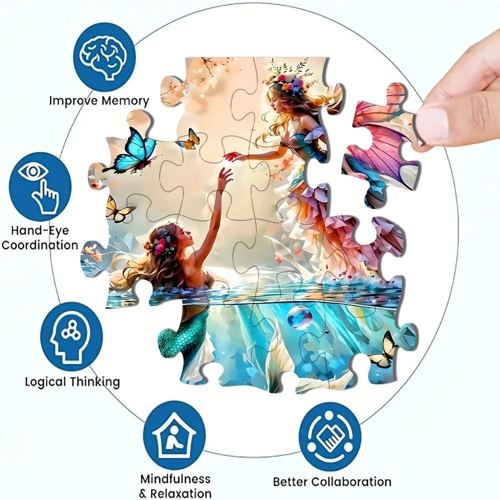 A jigsaw puzzle depicting scenes related to memory, thinking, and collaboration, featuring various elements like a brain, eye