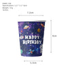 A purple cup featuring a starry outer space theme with a happy birthday message and astronaut graphics.