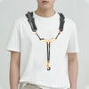 A white t-shirt featuring an adjustable PU leather saxophone shoulder strap accessory.