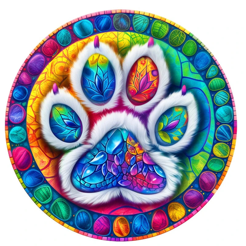 A colorful wooden jigsaw puzzle depicting a white elephant paw print with vibrant floral and natural patterns.