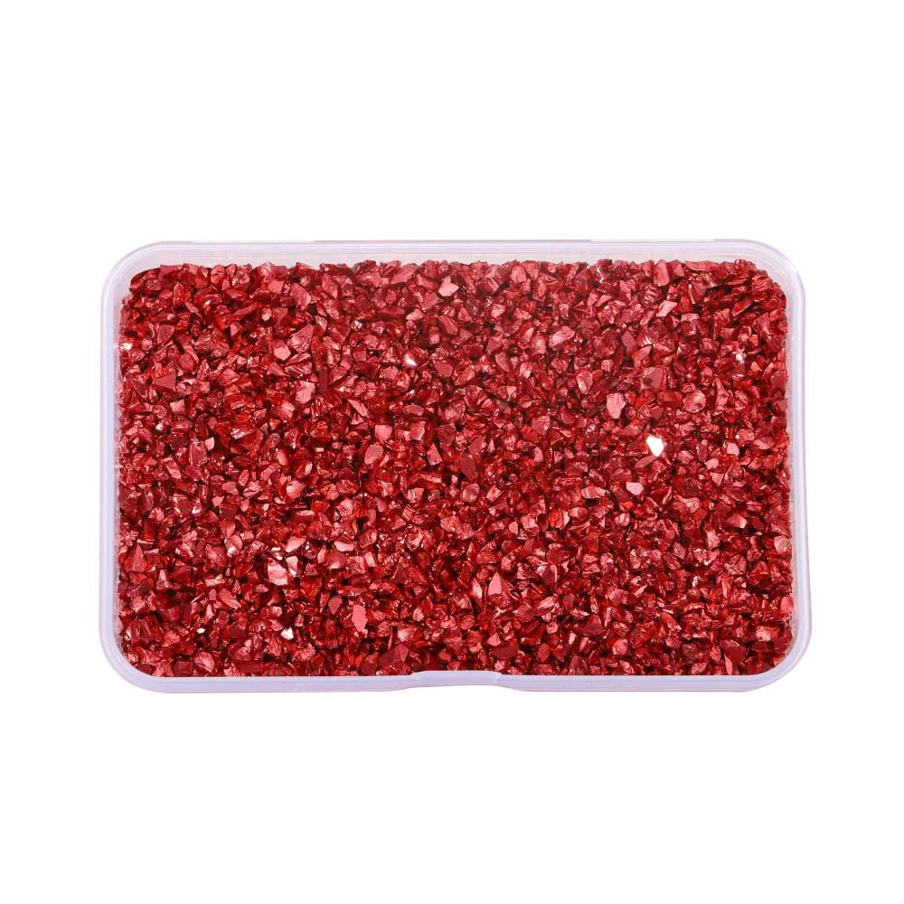 A clear plastic container filled with red crushed glass stones for resin and craft projects.