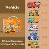 A set of six colorful vehicle puzzles for children including fire trucks, police cars, and other vehicles.