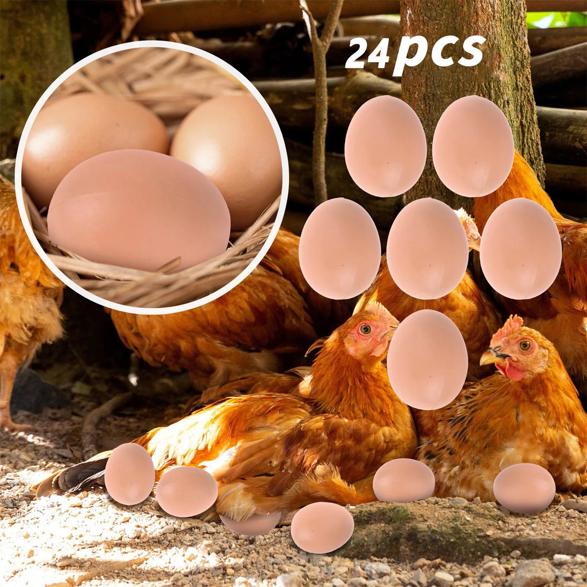 A close-up of realistic plastic hen nesting eggs in various shades of brown and pink, shown next to a hen.