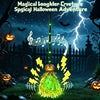 A magical Halloween adventure scene featuring a glowing animated witch broom and lightning effects.