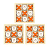 A wooden tic tac toe board game with orange and white pieces is shown in three different arrangements.