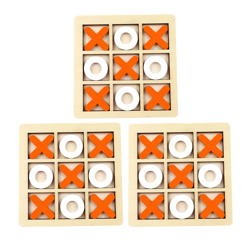 A wooden tic tac toe board game with orange and white pieces is shown in three different arrangements.