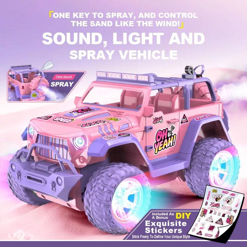 Pink 1:16 scale remote control off-road vehicle with lights and DIY stickers