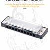 A silver harmonica with a black case and stainless steel covers is shown, designed for precise sound hole playing.