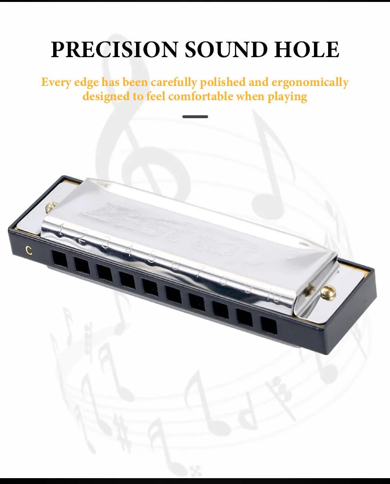 A silver harmonica with a black case and stainless steel covers is shown, designed for precise sound hole playing.