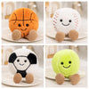 A collection of cute sports-themed plush dolls in various colors including orange, white, and lime green.