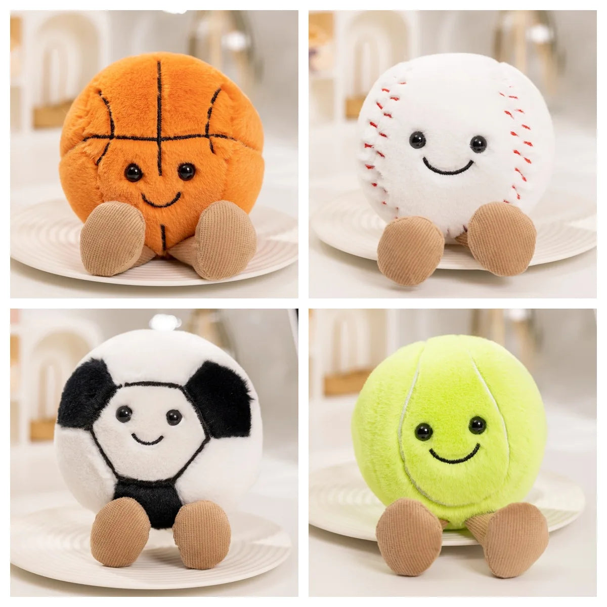 A collection of cute sports-themed plush dolls in various colors including orange, white, and lime green.