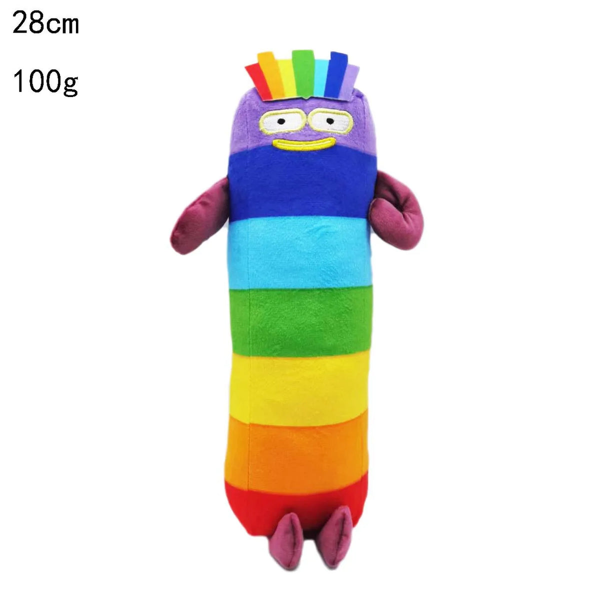 Poupée en peluche colorée et rayée avec de la peau violette et une mèche de cheveux arc-en-ciel.