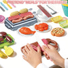 A child's hands are preparing pretend meals using a kids pretend play kitchen set featuring various fruits and cooked meats.