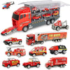 A collection of ten die-cast construction trucks and a transporter vehicle in various colors and configurations.