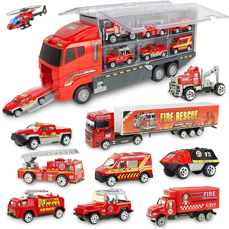 A collection of ten die-cast construction trucks and a transporter vehicle in various colors and configurations.