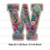 Floral letter patches in various shades of pink, purple, and green forming the letter M.