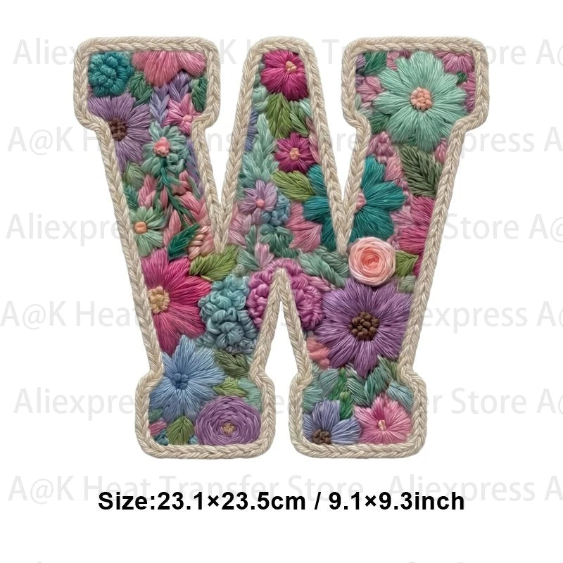 Floral letter patches in various shades of pink, purple, and green forming the letter M.