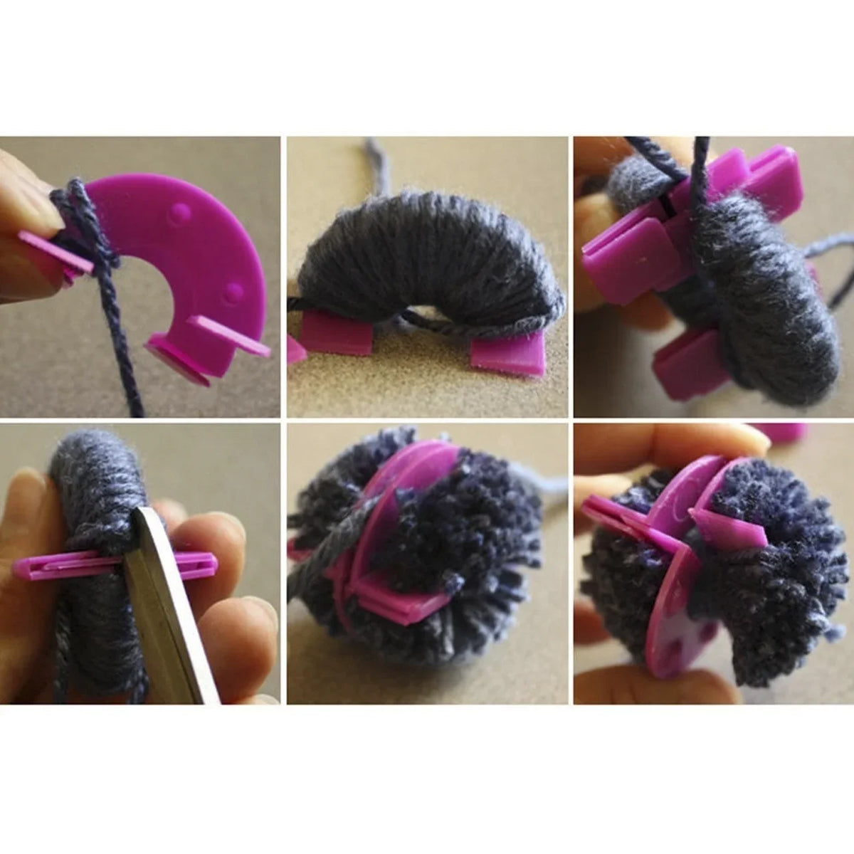 A set of eight pink and black tools for making pom-poms using yarn and knitting techniques.