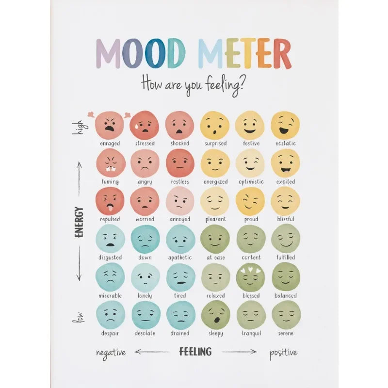 A mood meter chart showing various facial expressions categorized on a scale from negative to positive feelings.