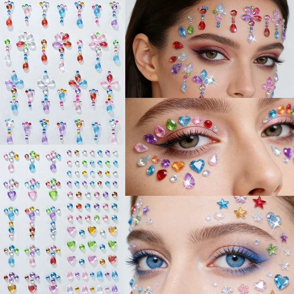 3D Rhinestone Face Stickers with Laser Hearts, Stars & Moons