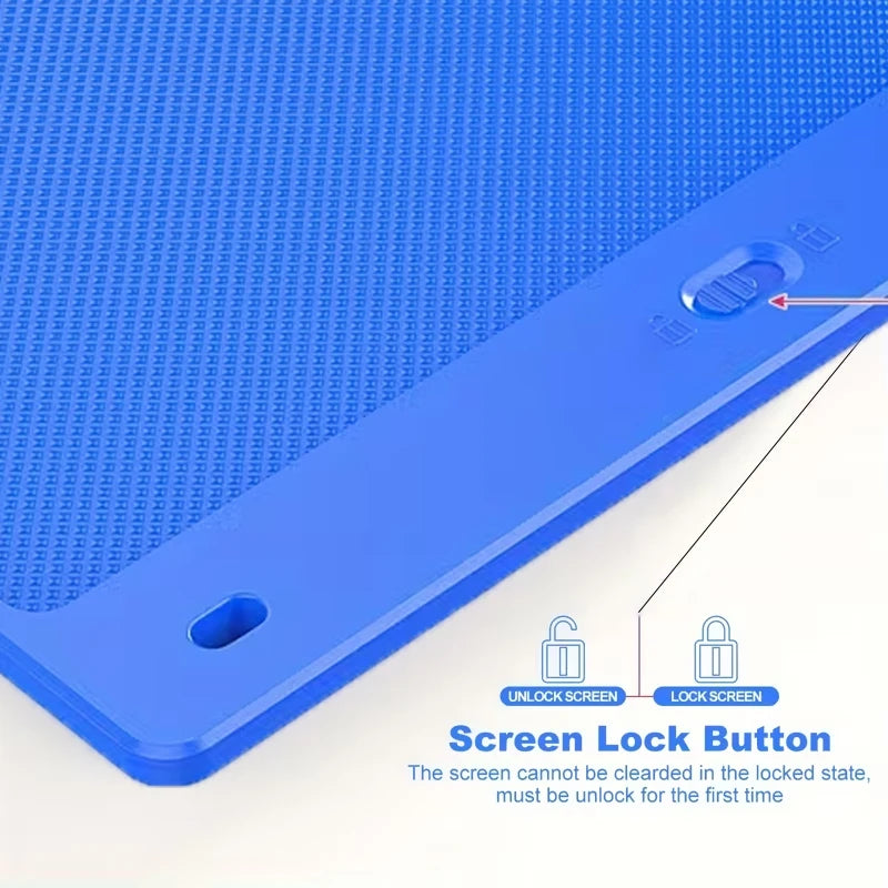Blue LCD drawing tablet with a screen lock button shown on the side.