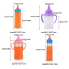 A set of large doll feeding bottles and a toy pacifier in various sizes and colors.