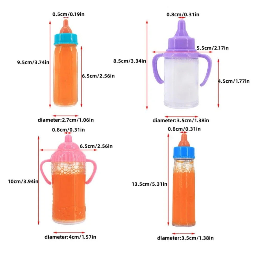 A set of large doll feeding bottles and a toy pacifier in various sizes and colors.