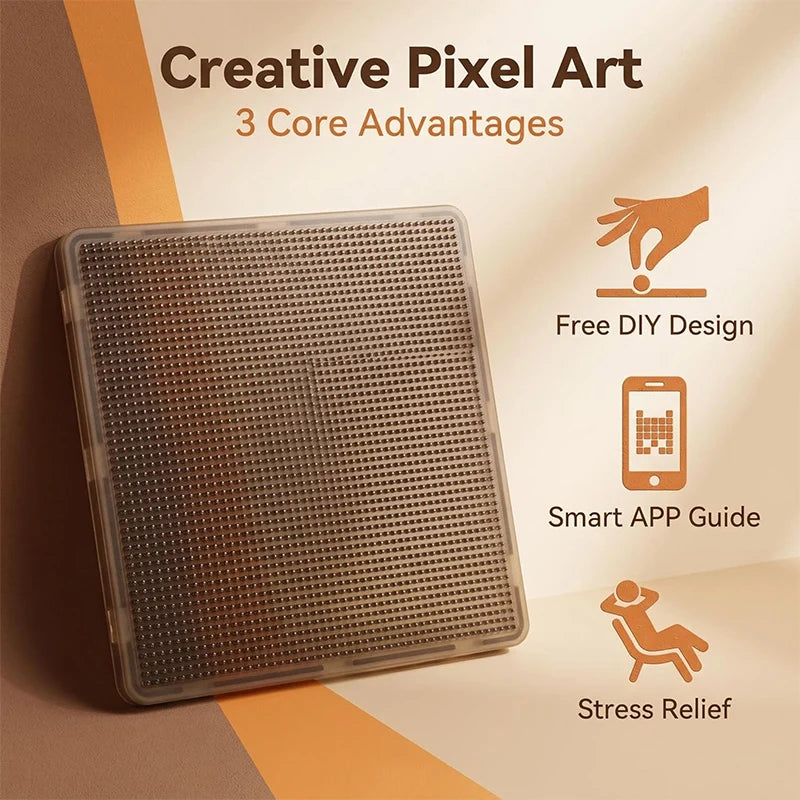 A square LED pixel art bead board with a clear protective cover, shown next to text highlighting three core advantages.