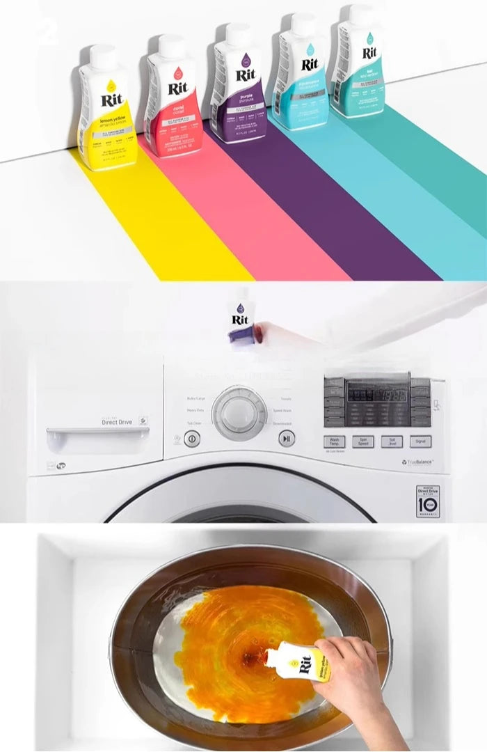 A hand dips a piece of fabric into a bowl of orange dye for fabric dyeing.