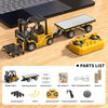 A yellow 1:64 remote control crane and forklift set with a trailer, along with various accessories and parts.