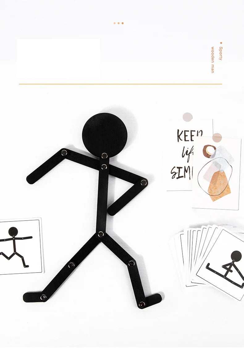 A black wooden sports pose jigsaw puzzle for kids showing a figure in a dynamic stance.