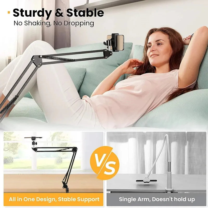A woman is using a flexible gooseneck arm tripod with a phone mount for support.