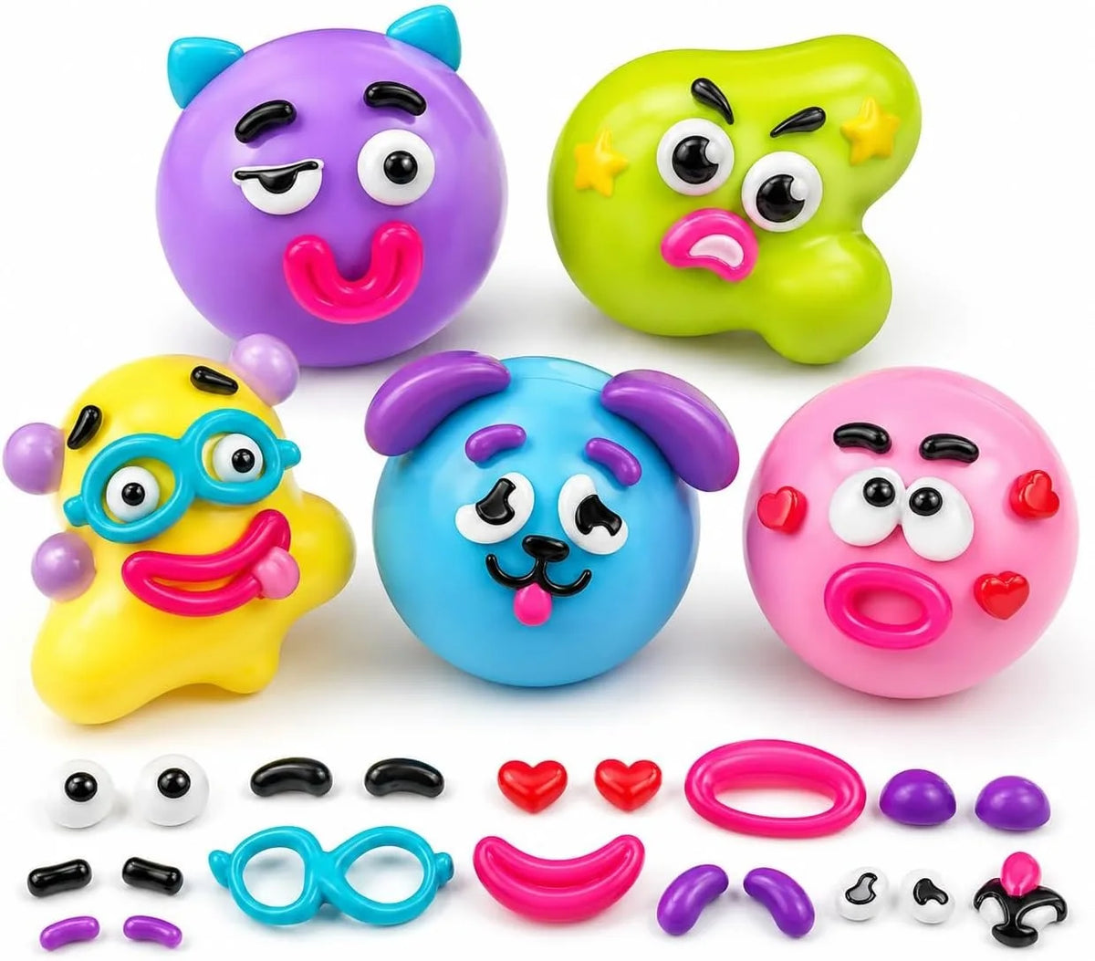 A collection of colorful moldable dog face squishy stress relief toys in various shapes and colors.