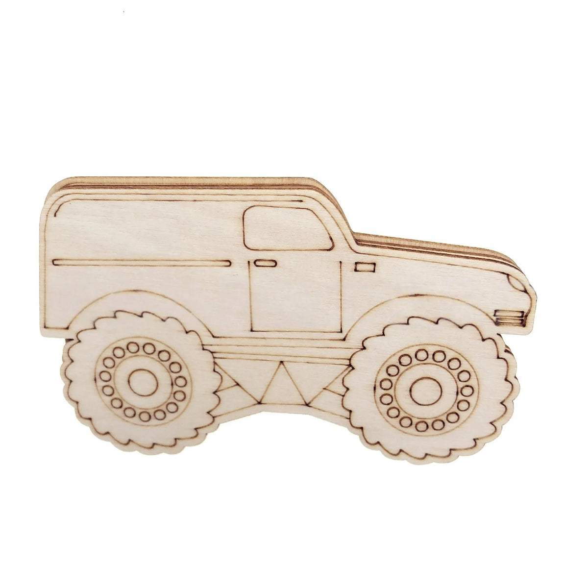 A light wood monster truck cutout for DIY crafts featuring a cab and large wheels.
