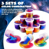 Three sets of colorful fidget toys and slime with iridescent colors displayed on a white background.