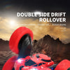 A red stunt car is shown in a dynamic shot, demonstrating the double side drift rollover feature.