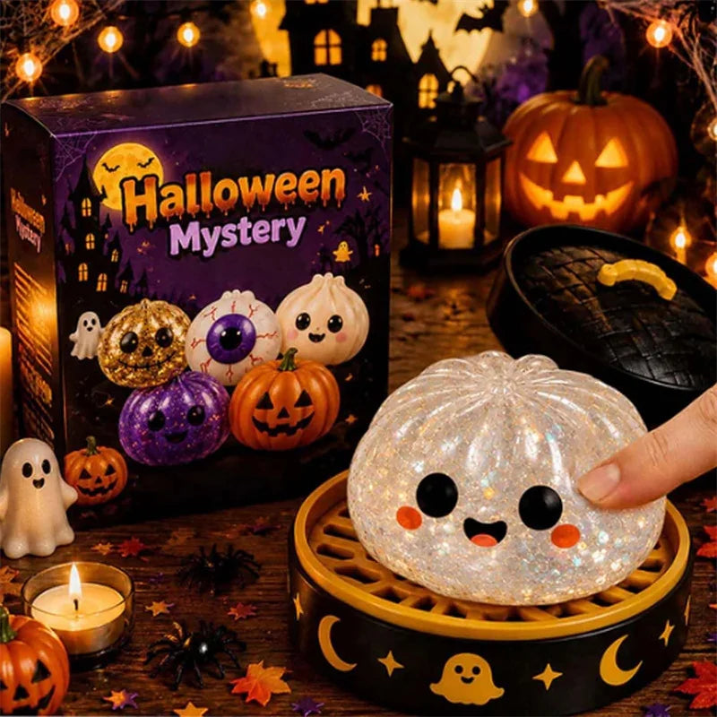 A Halloween mystery box featuring various pumpkin-themed squishy toys and a glowing pumpkin face.