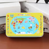 A yellow rectangular puzzle box featuring a colorful world map design for children.