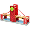 A wooden train track accessory set featuring an airport and gas station scene with red and yellow components.