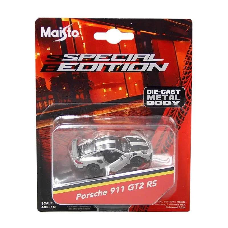 Die-cast metal body model of a Porsche 911 GT2 RS in silver and black colors.
