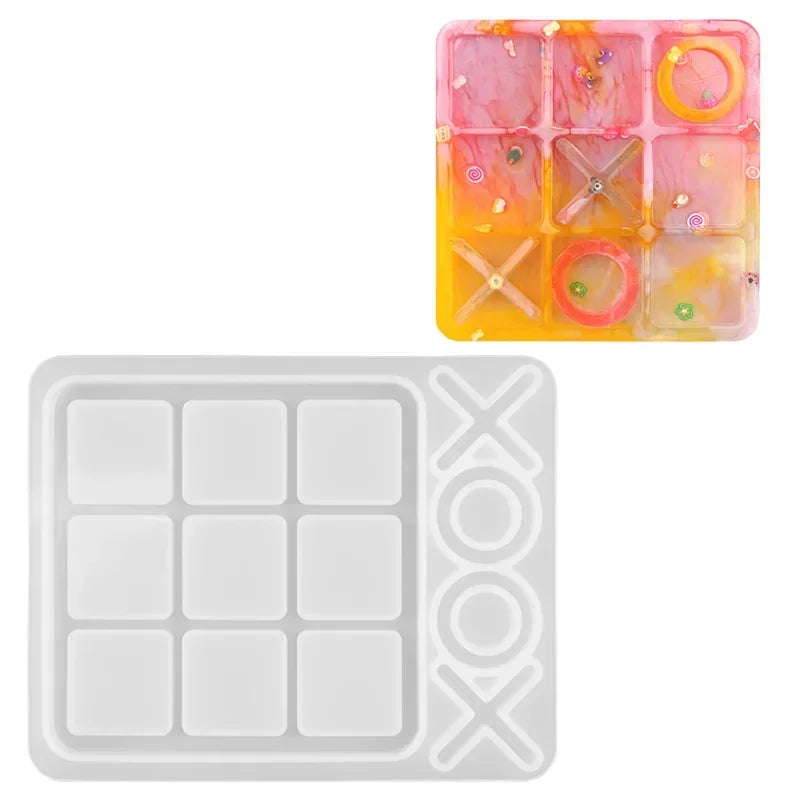 A silicone mold for creating customizable tic-tac-toe game pieces, showing colorful and clear molds.