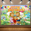 A colorful cartoon illustration of three cute tigers celebrating a birthday with balloons and confetti on a brick wall backdr