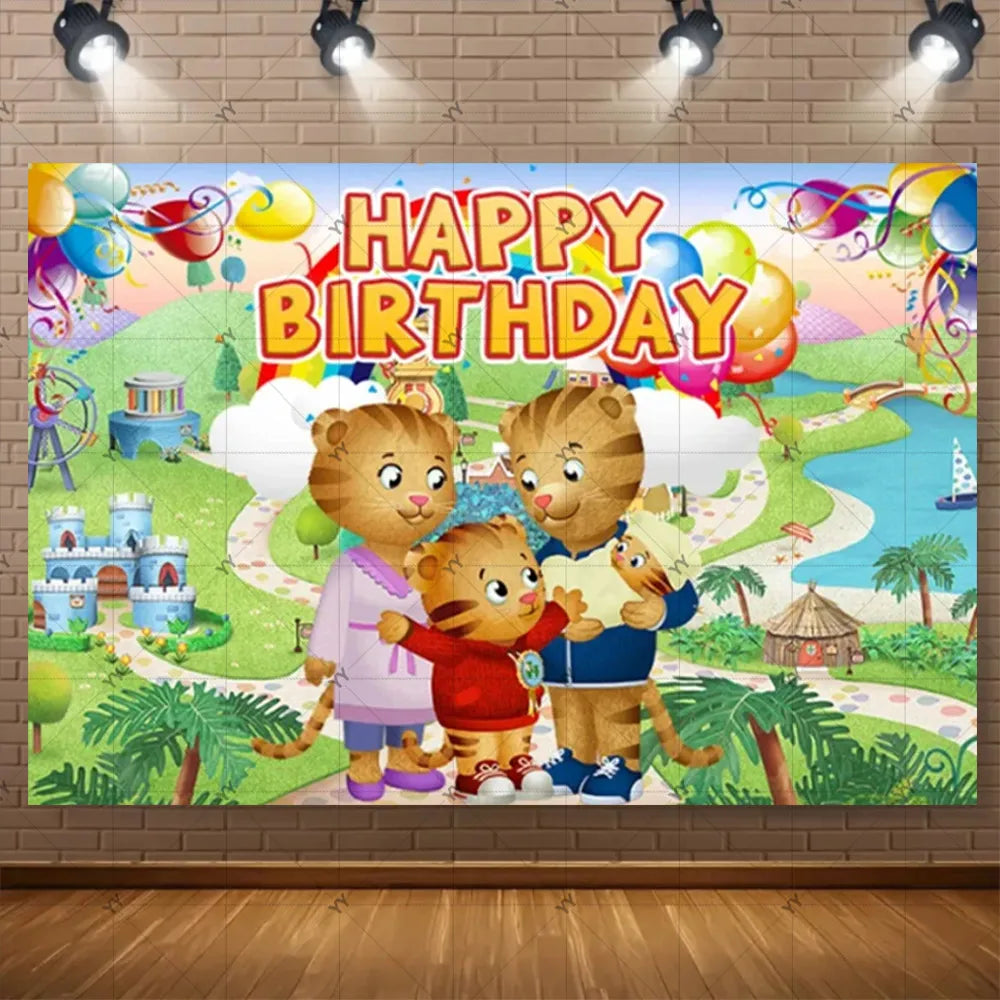 A colorful cartoon illustration of three cute tigers celebrating a birthday with balloons and confetti on a brick wall backdr