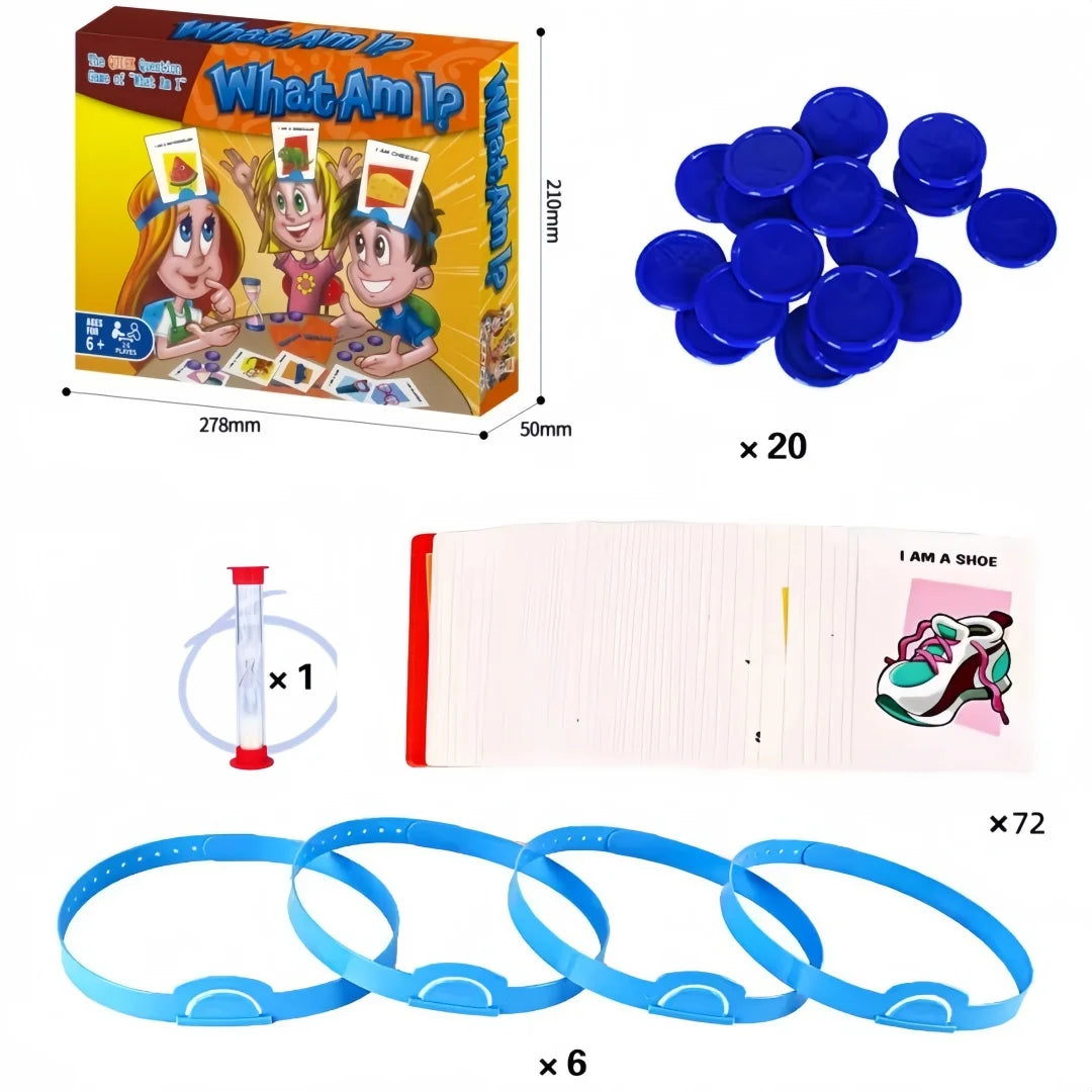 A set of Guess Who I Am family card board game components including cards and blue plastic rings