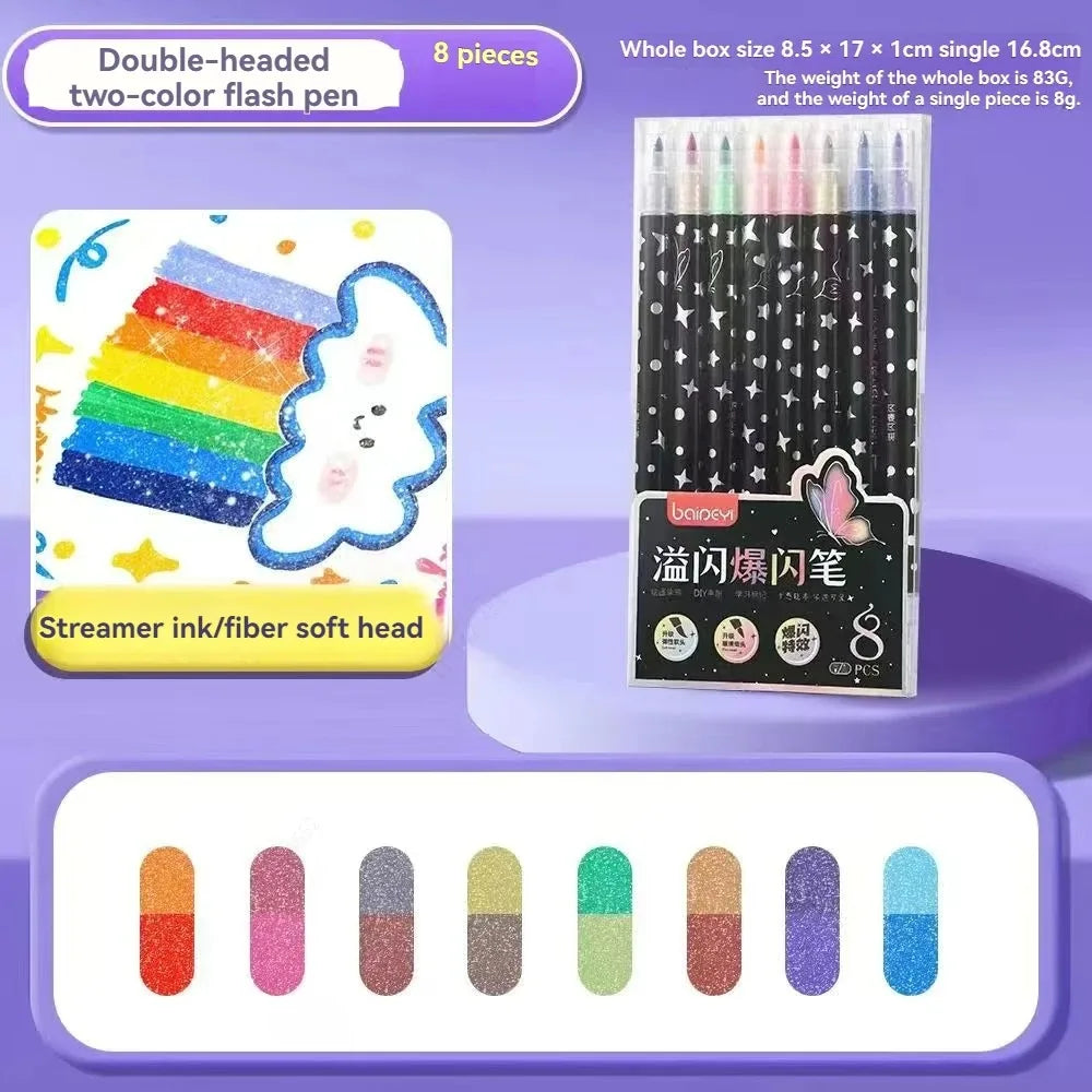 A set of eight double-headed two-color flash pens with metallic glitter finish and an ink/fiber soft head.