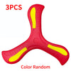 Three red foam boomerang flying discs with yellow accents shown from above