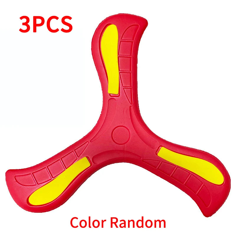 Three red foam boomerang flying discs with yellow accents shown from above