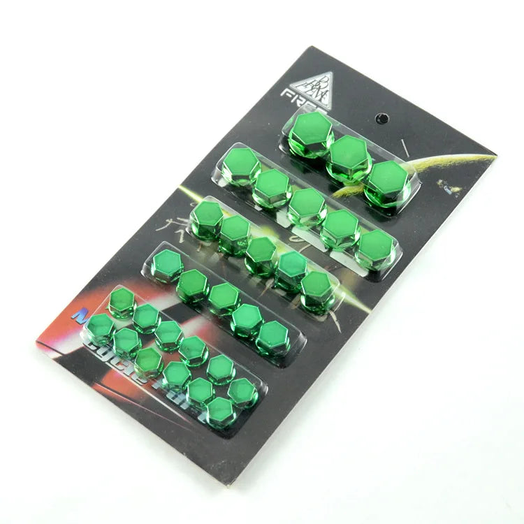 A set of green decorative caps designed to cover motorcycle screws.