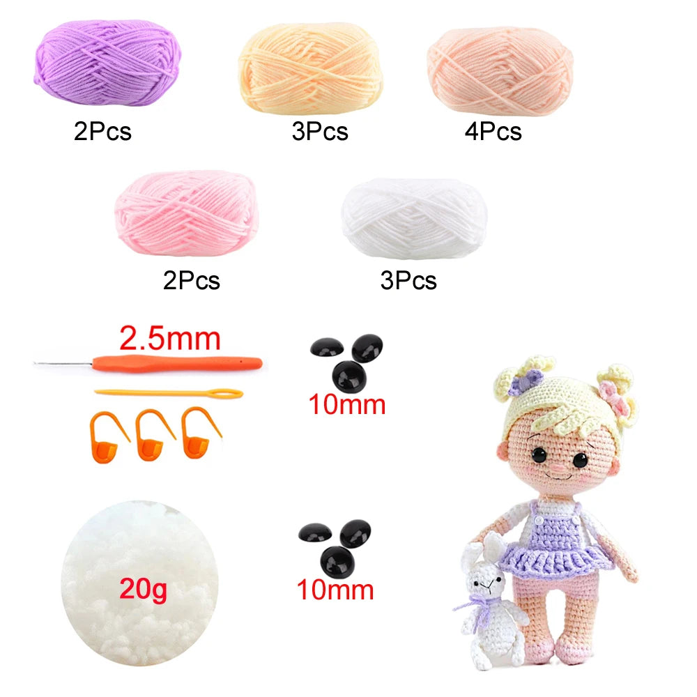 Crochet kit for making an amigurumi doll featuring various colored yarn, needles, and stuffing.