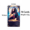 A rectangular deck of 78 tarot cards featuring the Queen of Coins illustration and detailed dimensions.